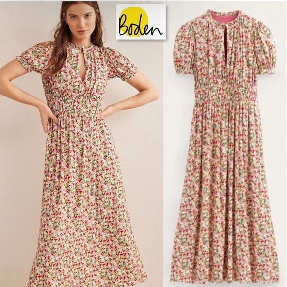 Boden Dresses & Skirts - Boden Ruched strech Jersey Pink Floral Maxi Dress women short sleeve plus 14R